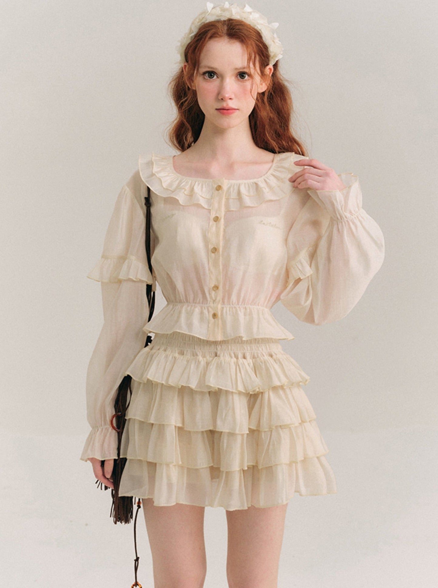 Tencel Ruffle Collar Shirt & Cake Skirt Set-Up