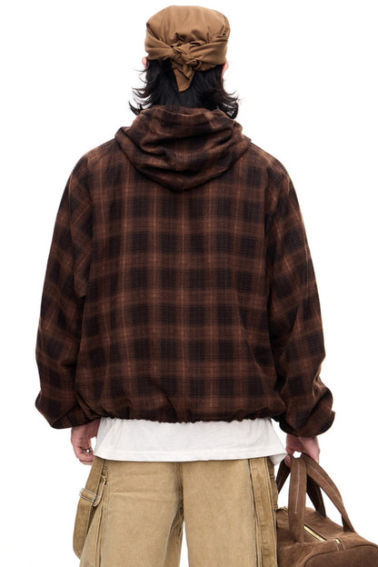 Retro Check Drawstring Baggy Hoodie