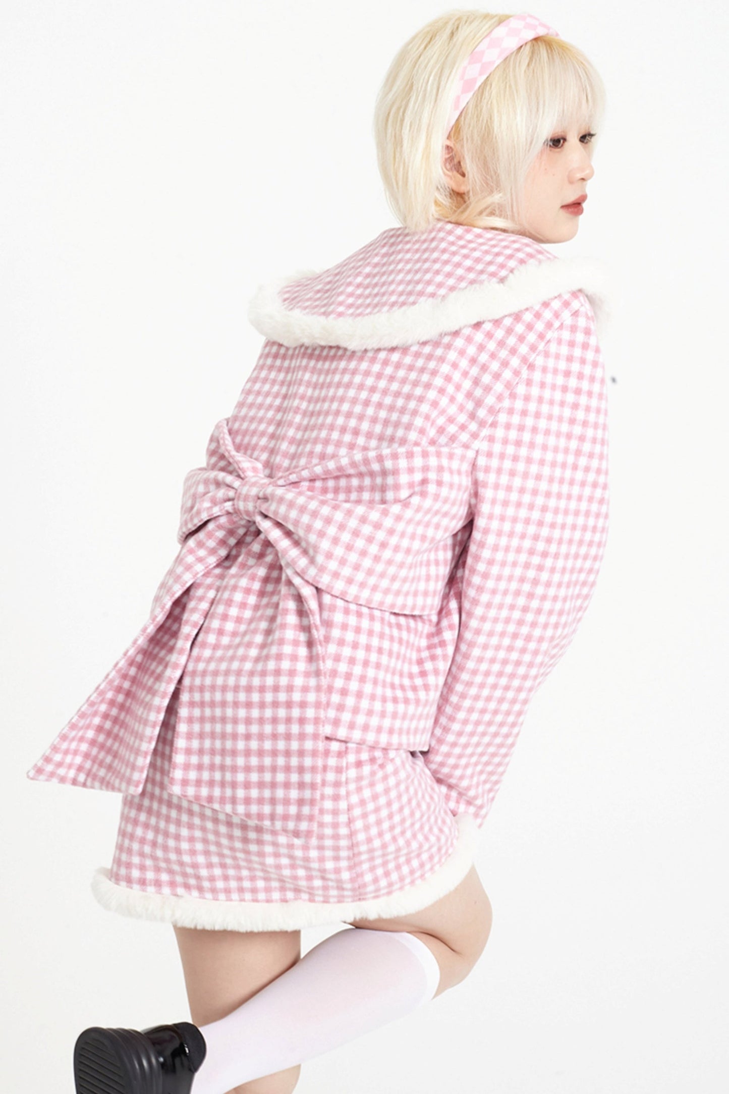 Round Neck Pink Plaid Wool Coat