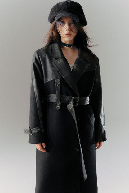 Loose Fit Leather Patchwork Coat