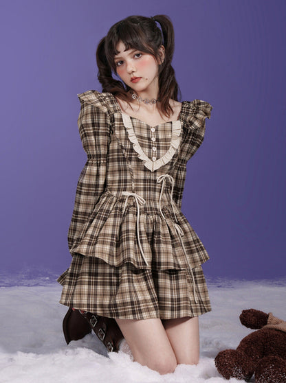 Brown Grid Bow Princess Dress