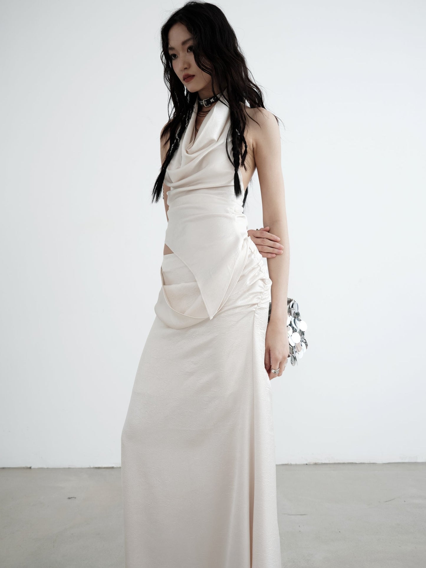 White Two-Piece Draped Vest Maxi Dress Set