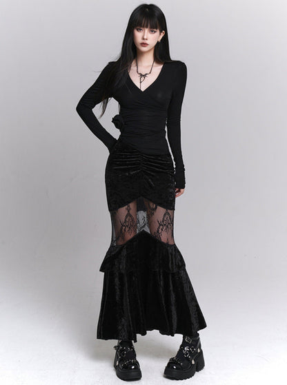 Hip Mermaid Velvet Long Skirt