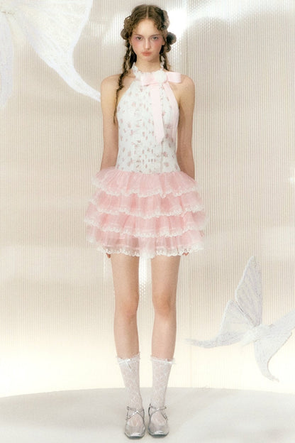 Pink White Floral Lace Princess Dress