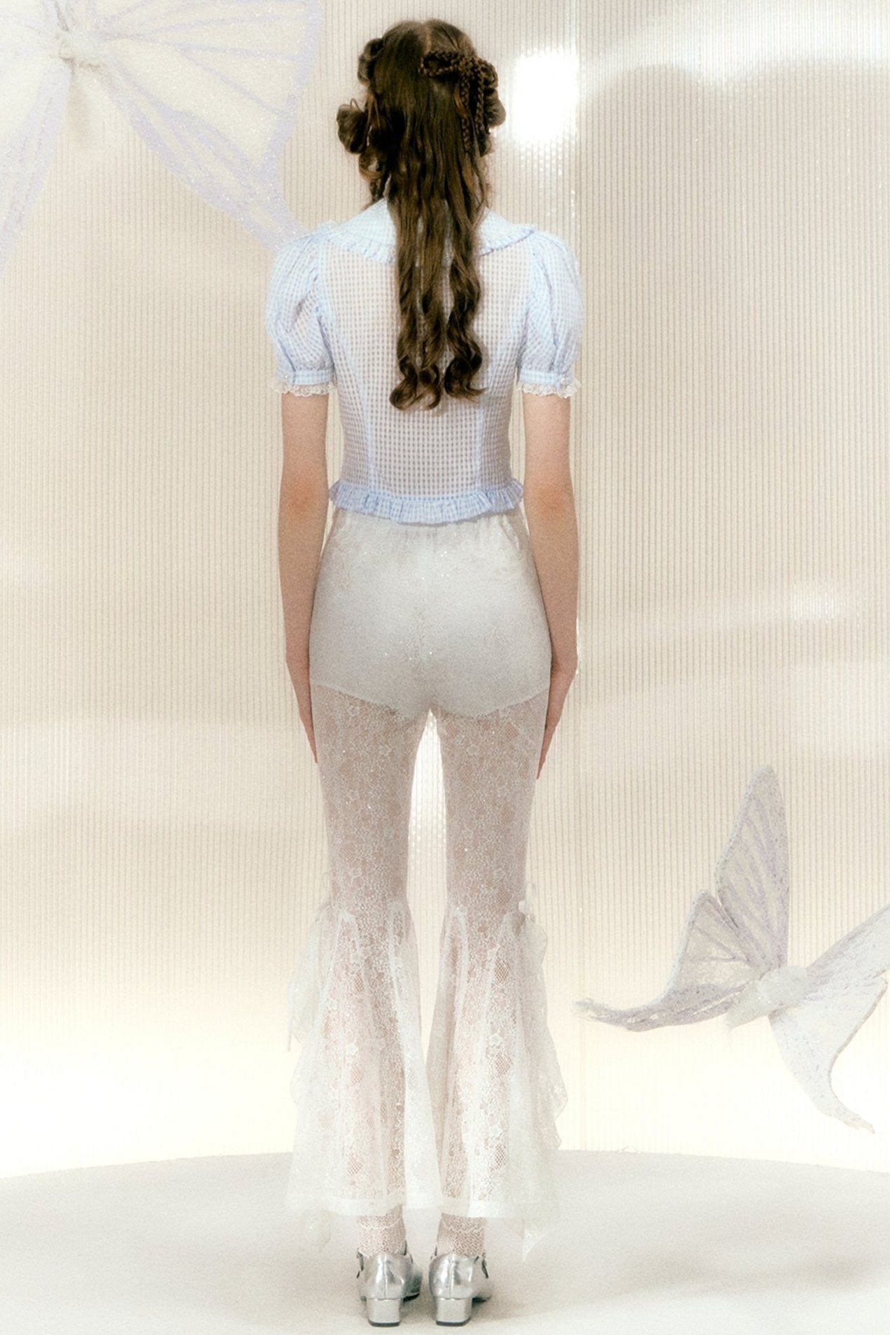 White Sequin Lace Flared Pants