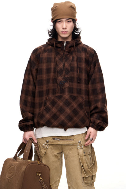 Retro Check Drawstring Baggy Hoodie