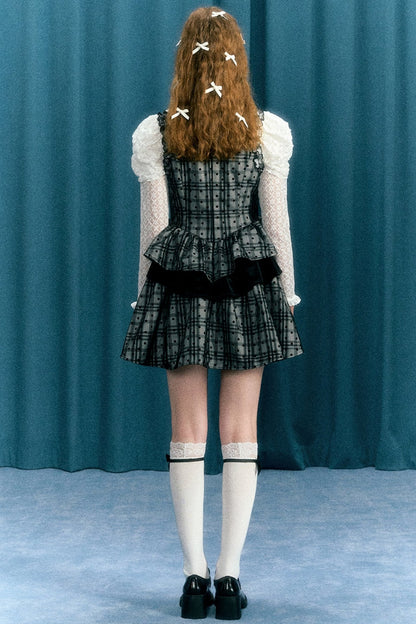 Checkered Bow Waist Velvet Dress