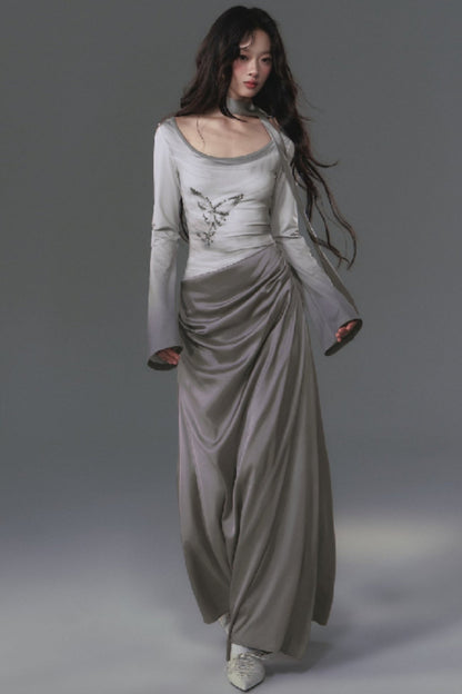 Gray Long Sleeve Butterfly Dress