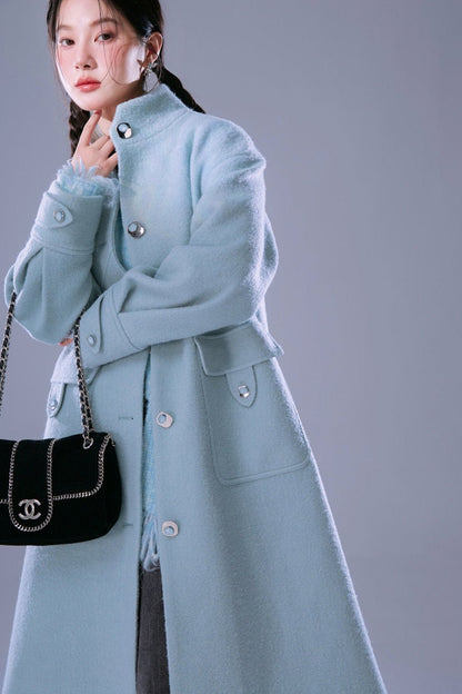 Blue Waxy Wool Long Coat