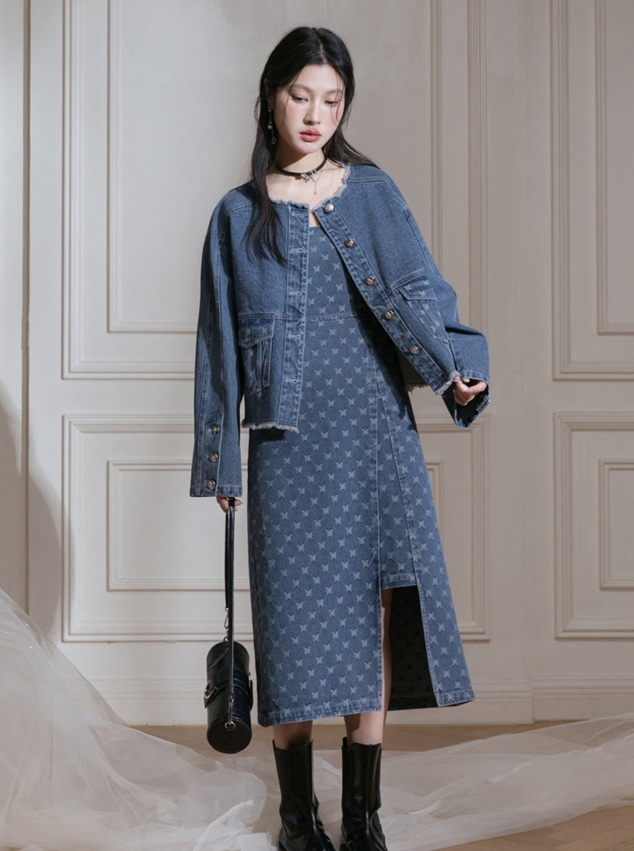 Edged Jacquard Denim Jacket Sundress Set