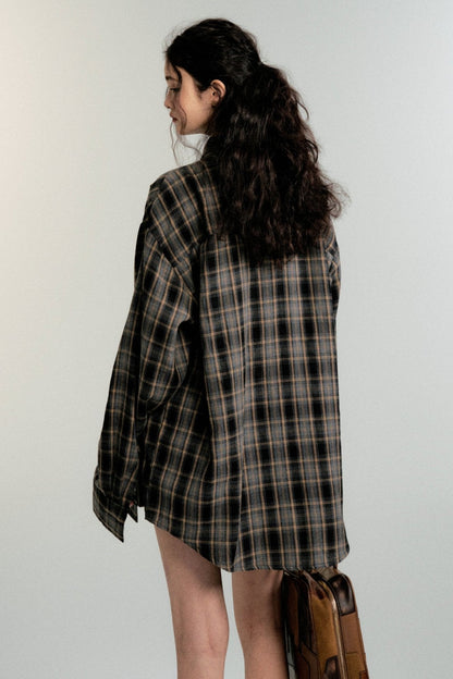 Color-Block Loose Check Long-Sleeved Shirt