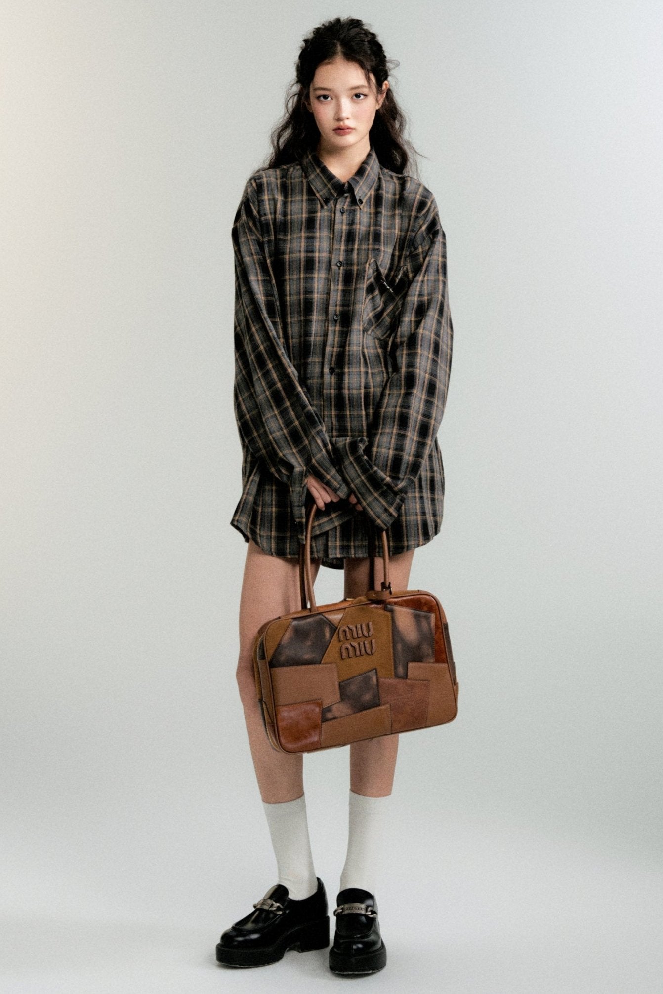 Color-Block Loose Check Long-Sleeved Shirt