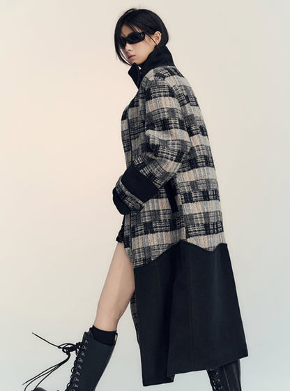 Irregular checked silhouette tweed coat