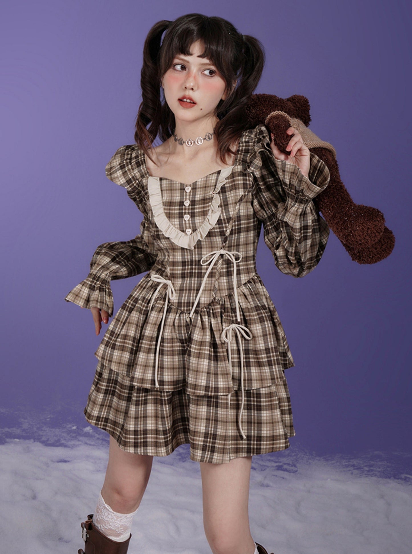 Brown Grid Bow Princess Dress