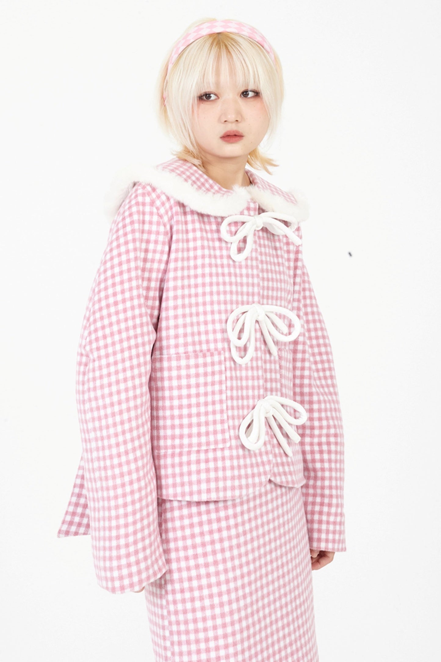 Round Neck Pink Plaid Wool Coat