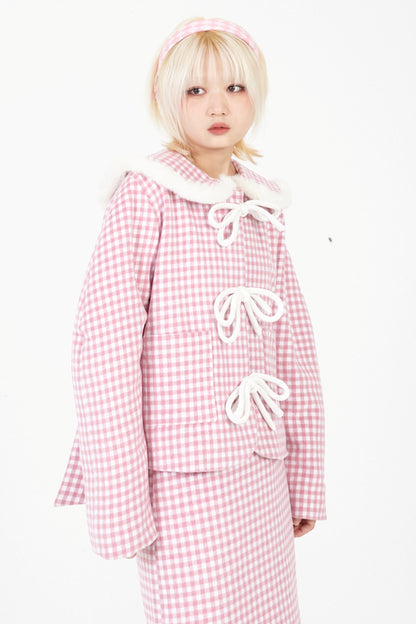 Round Neck Pink Plaid Wool Coat