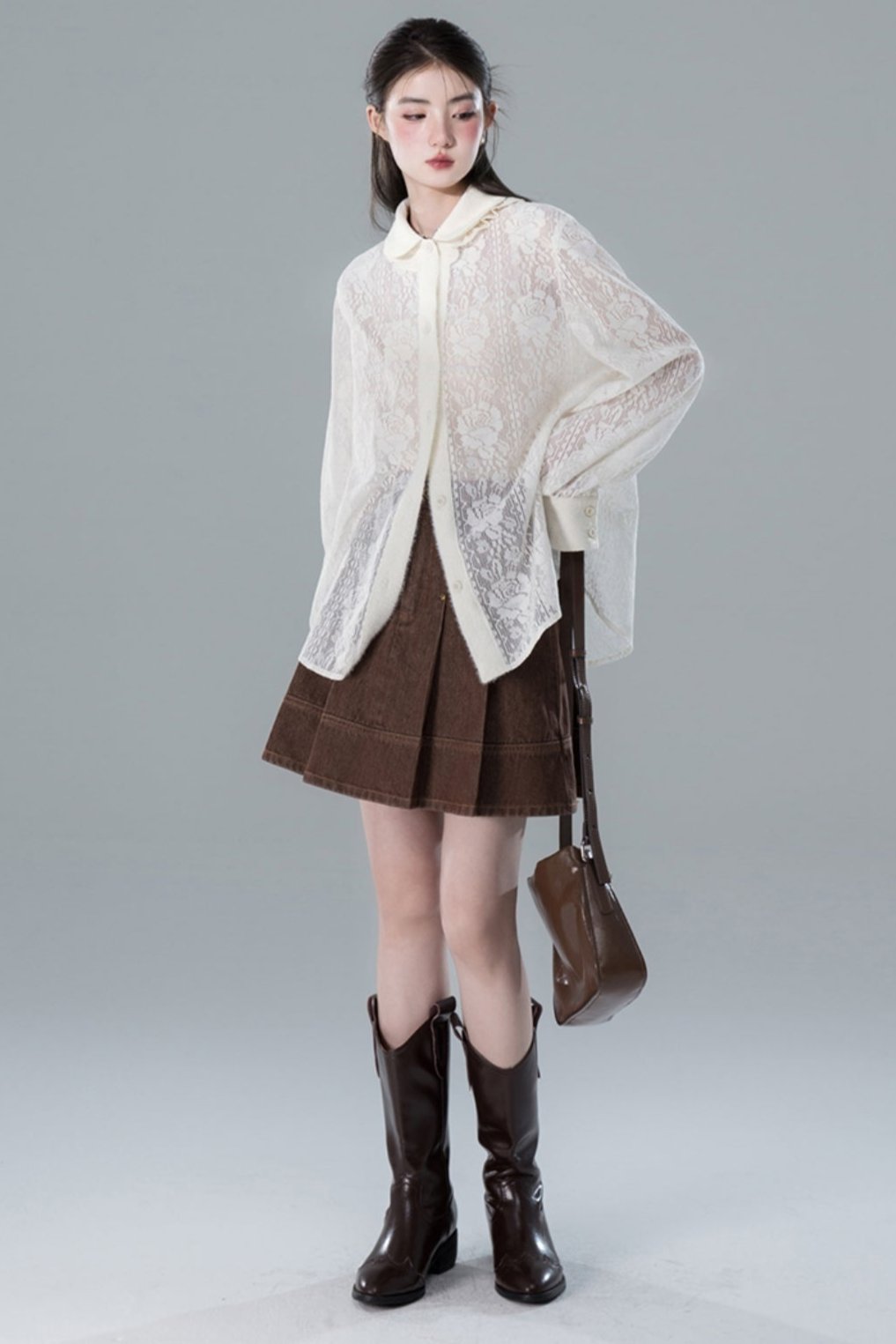 Lace Shirt Suspenders In Apricot Set