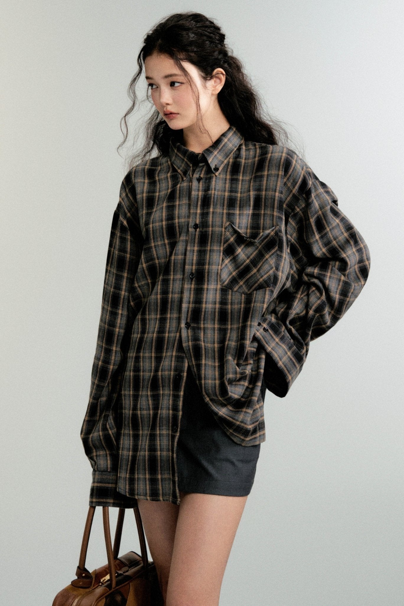 Color-Block Loose Check Long-Sleeved Shirt