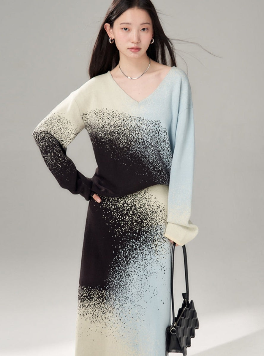 Gradient V-Neck Sweater Knitted Tops Skirt Set