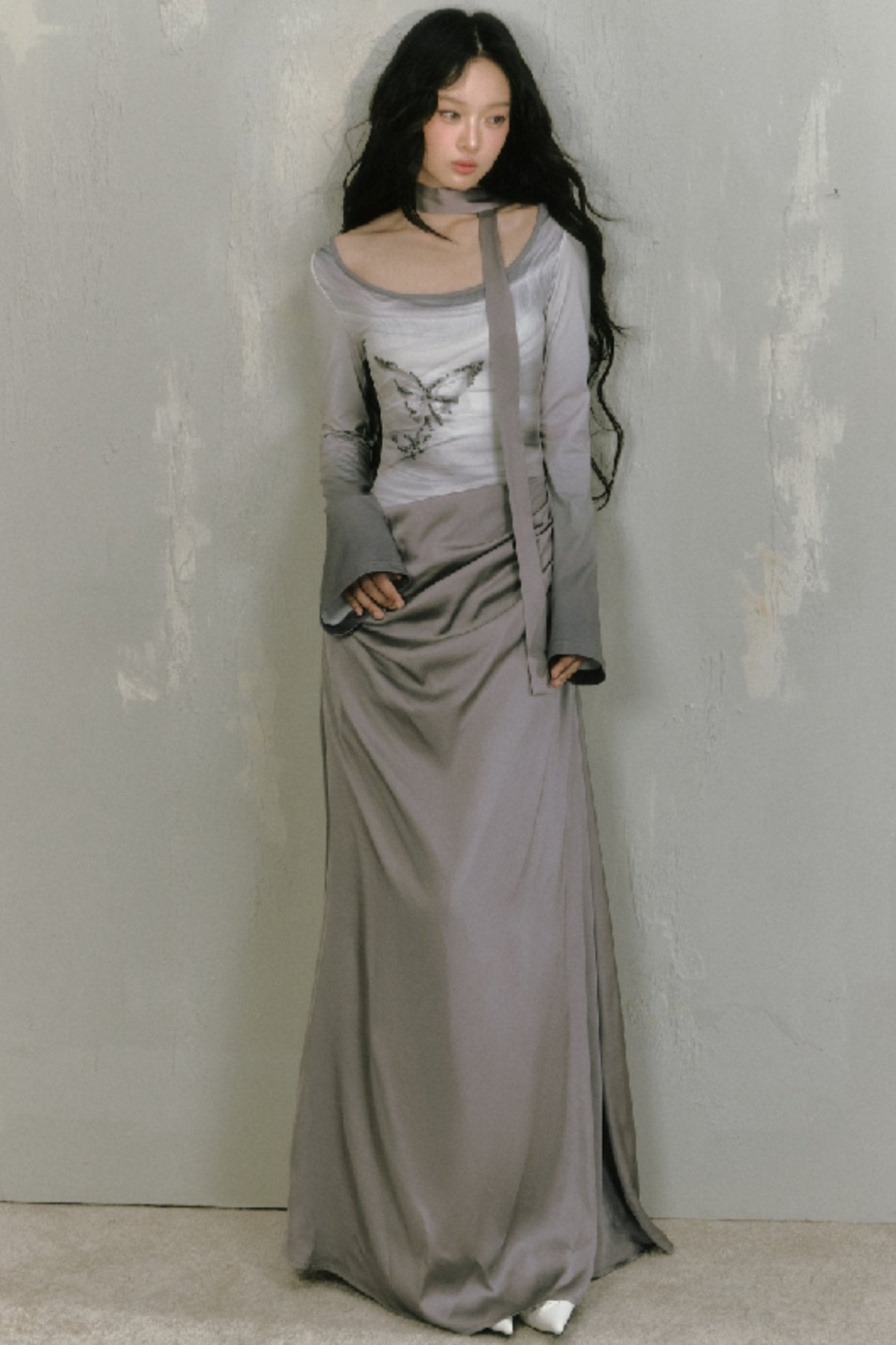 Gray Long Sleeve Butterfly Dress