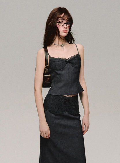 Lace Trim Suspender Skirt and Top Set-Up