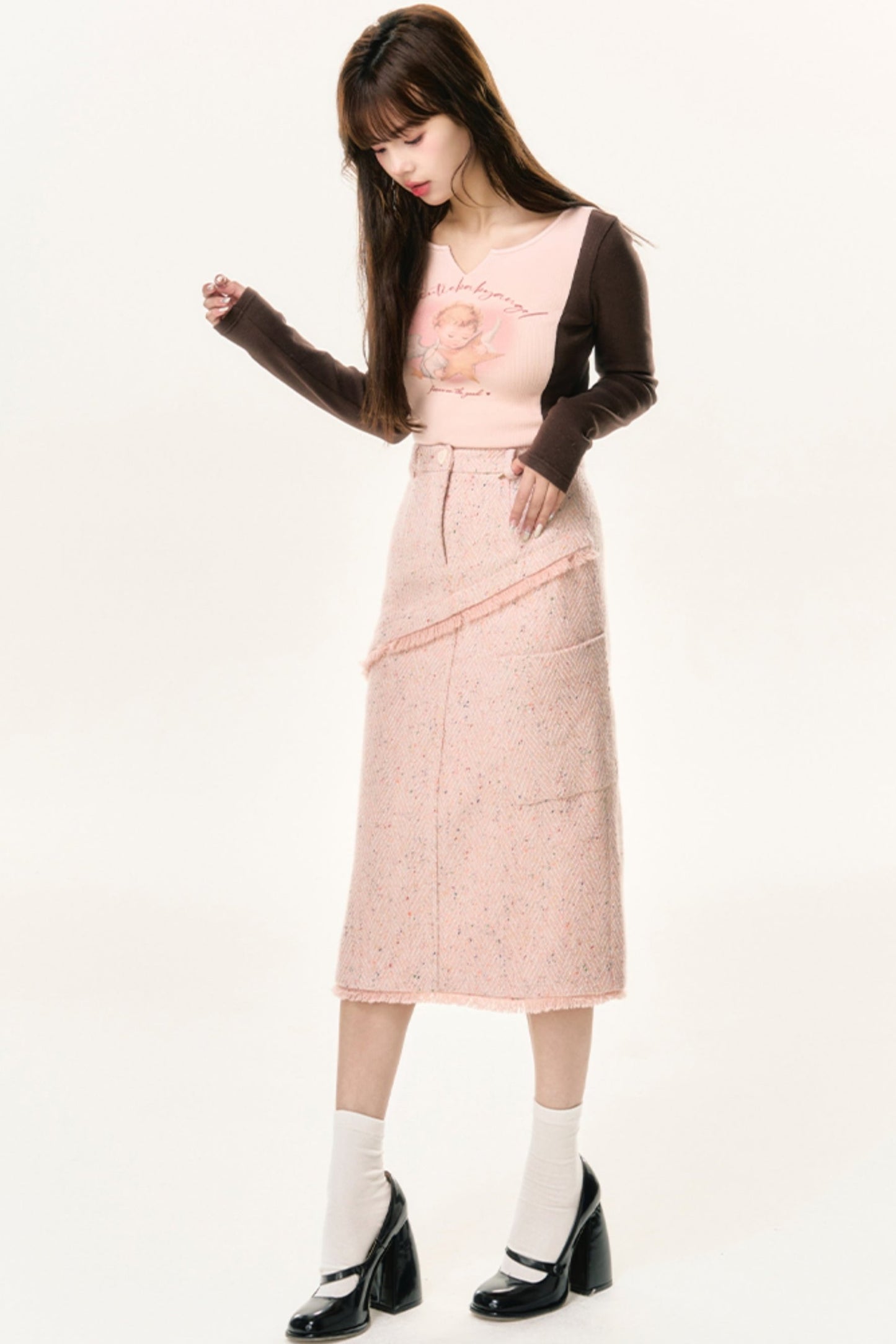 A-Line Polka Dot Tweed Skirt