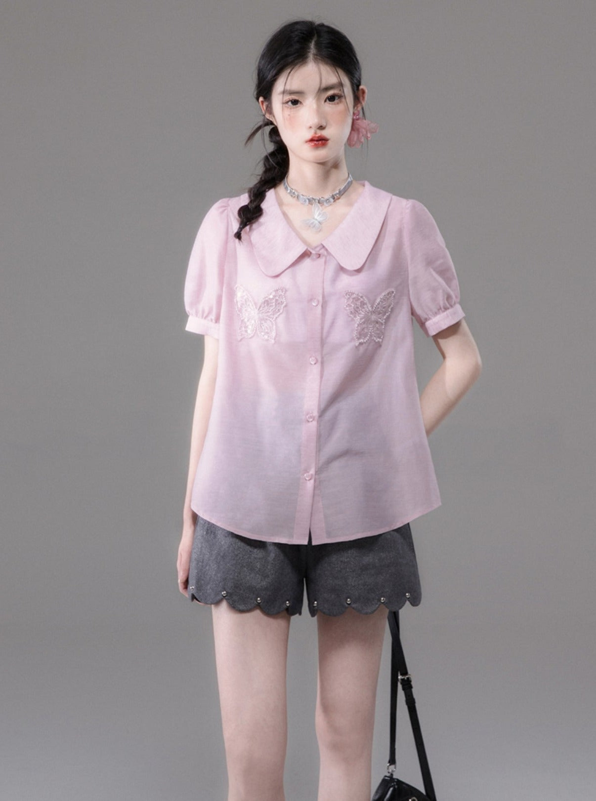 Butterfly Embroidered Doll Collar Shirt