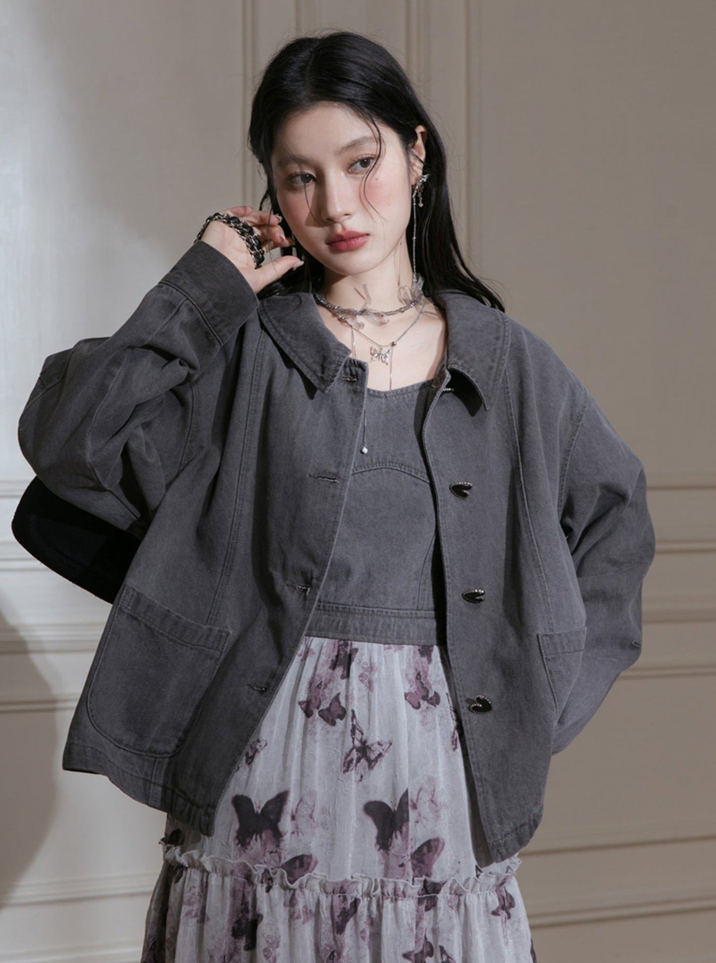 Grey Love Button Denim Coat