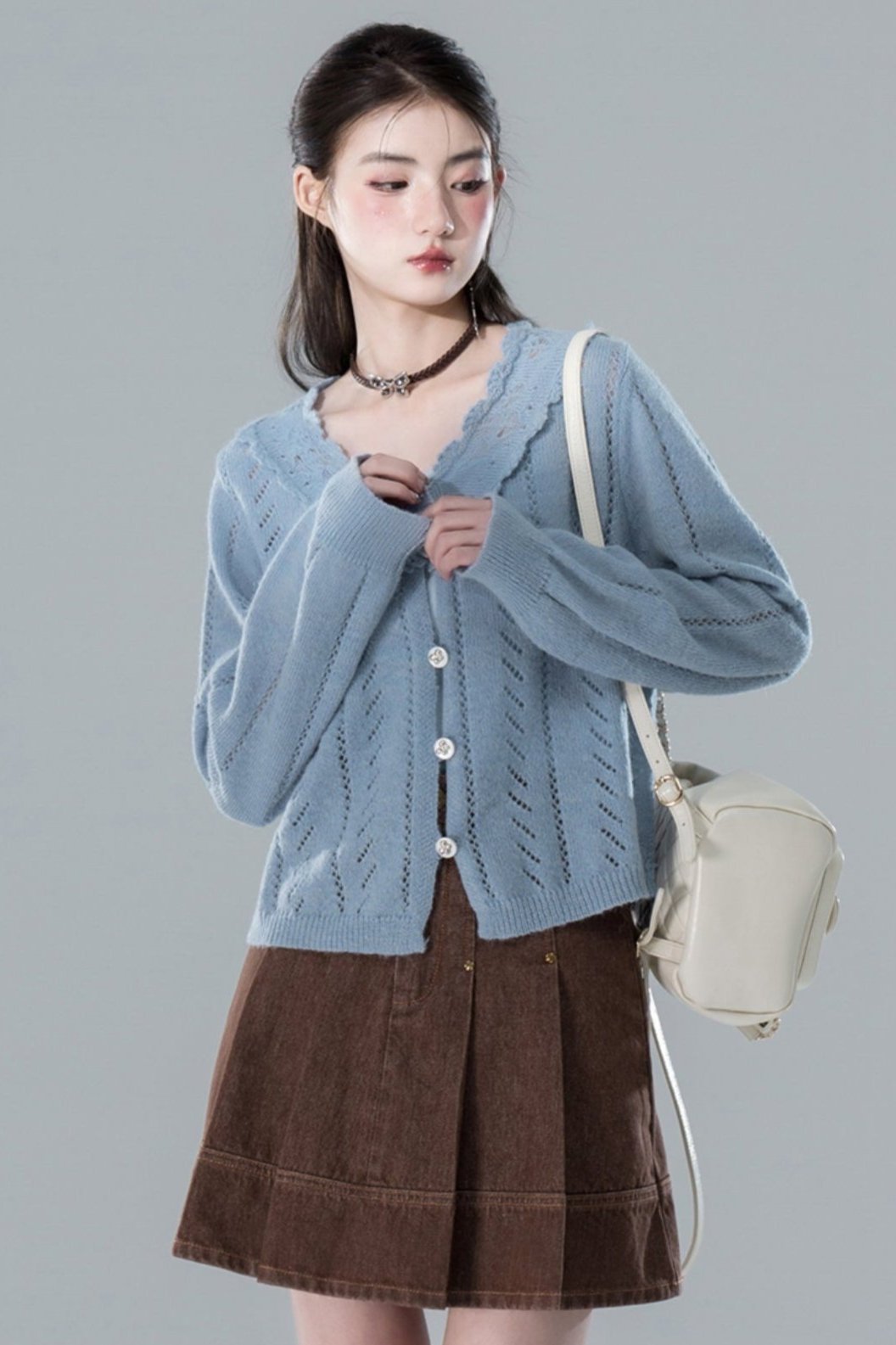 Mist Blue Crochet Mohair Cardigan