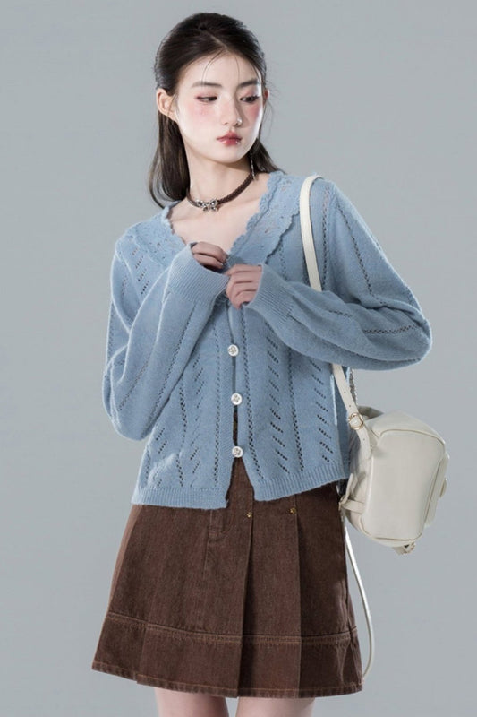 Mist Blue Häkel-Mohair-Cardigan 