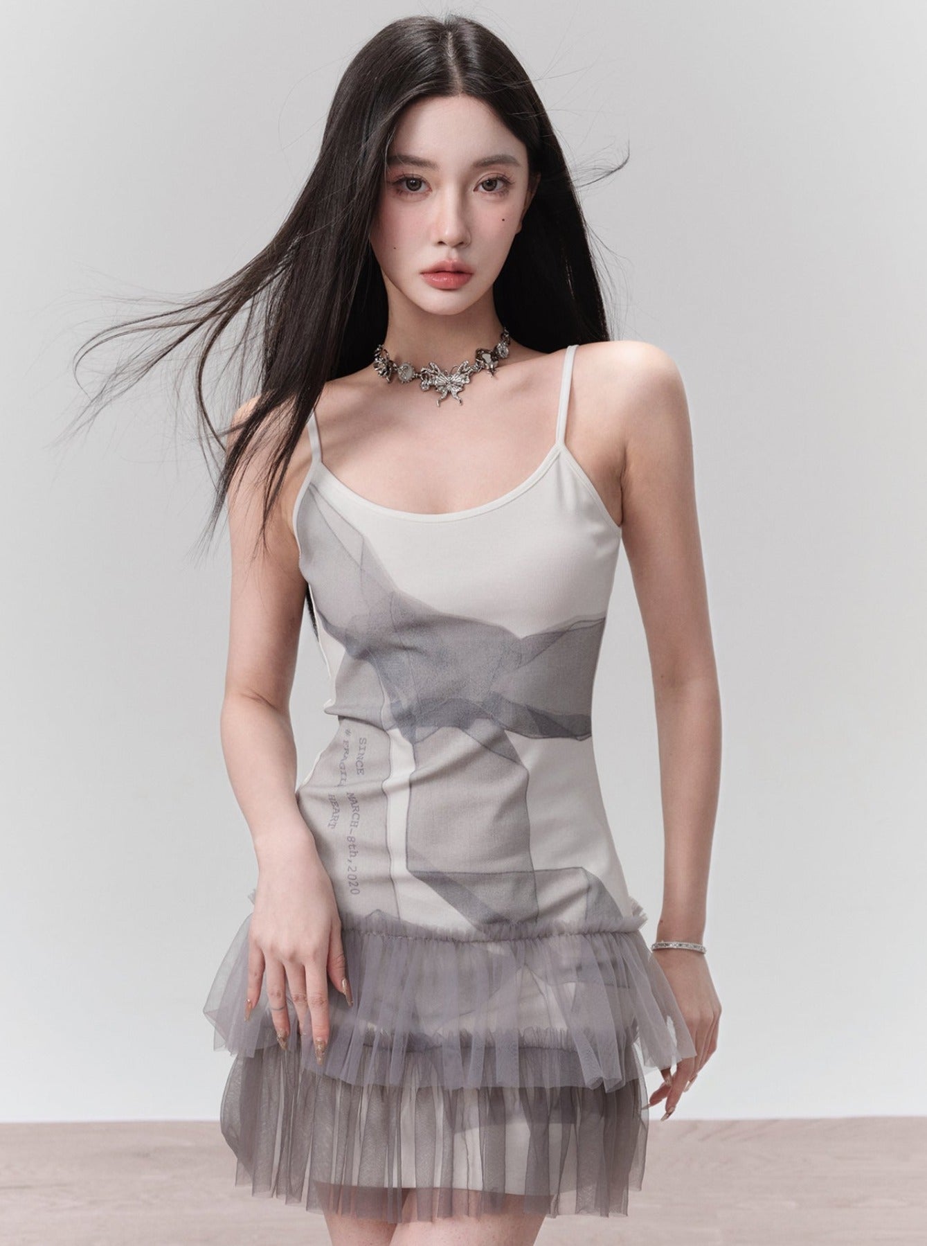 Gray Bow Mesh Slip Dress