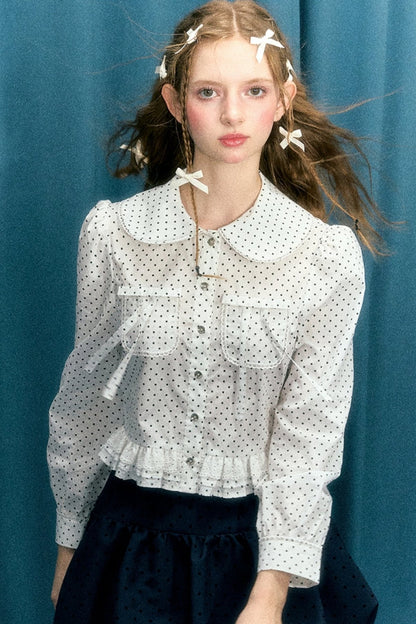 Polka Dot Long-Sleeve Doll Collar Shirt