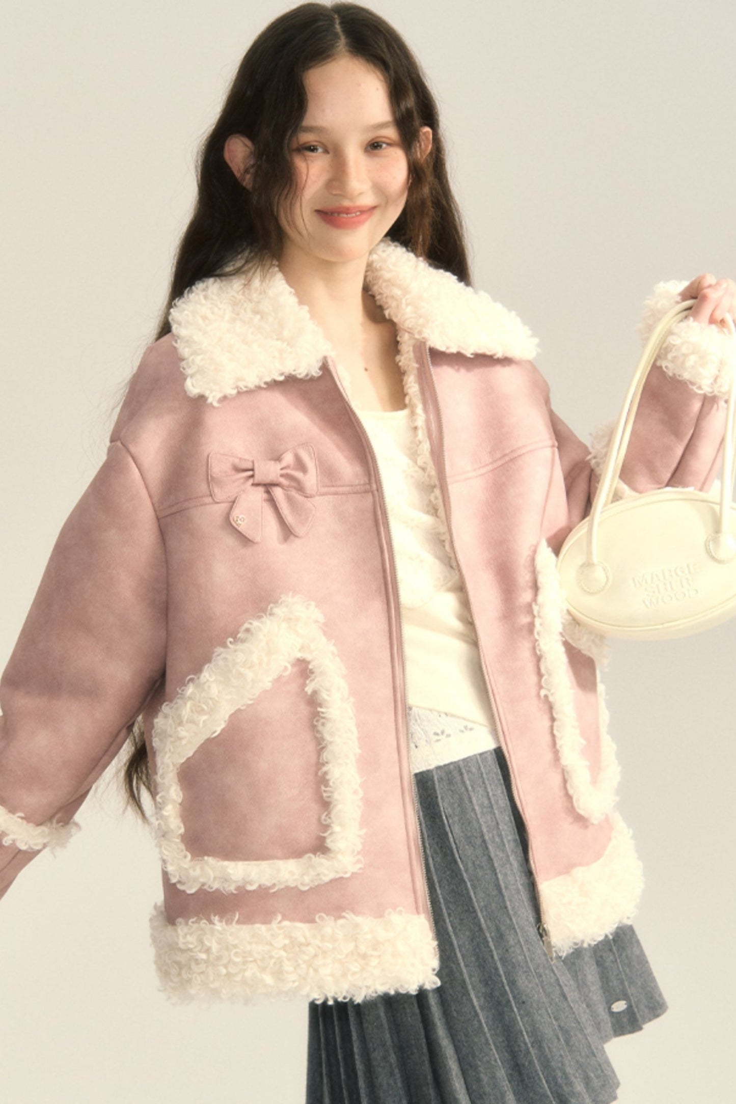 Contrasting Bow Fur Coat