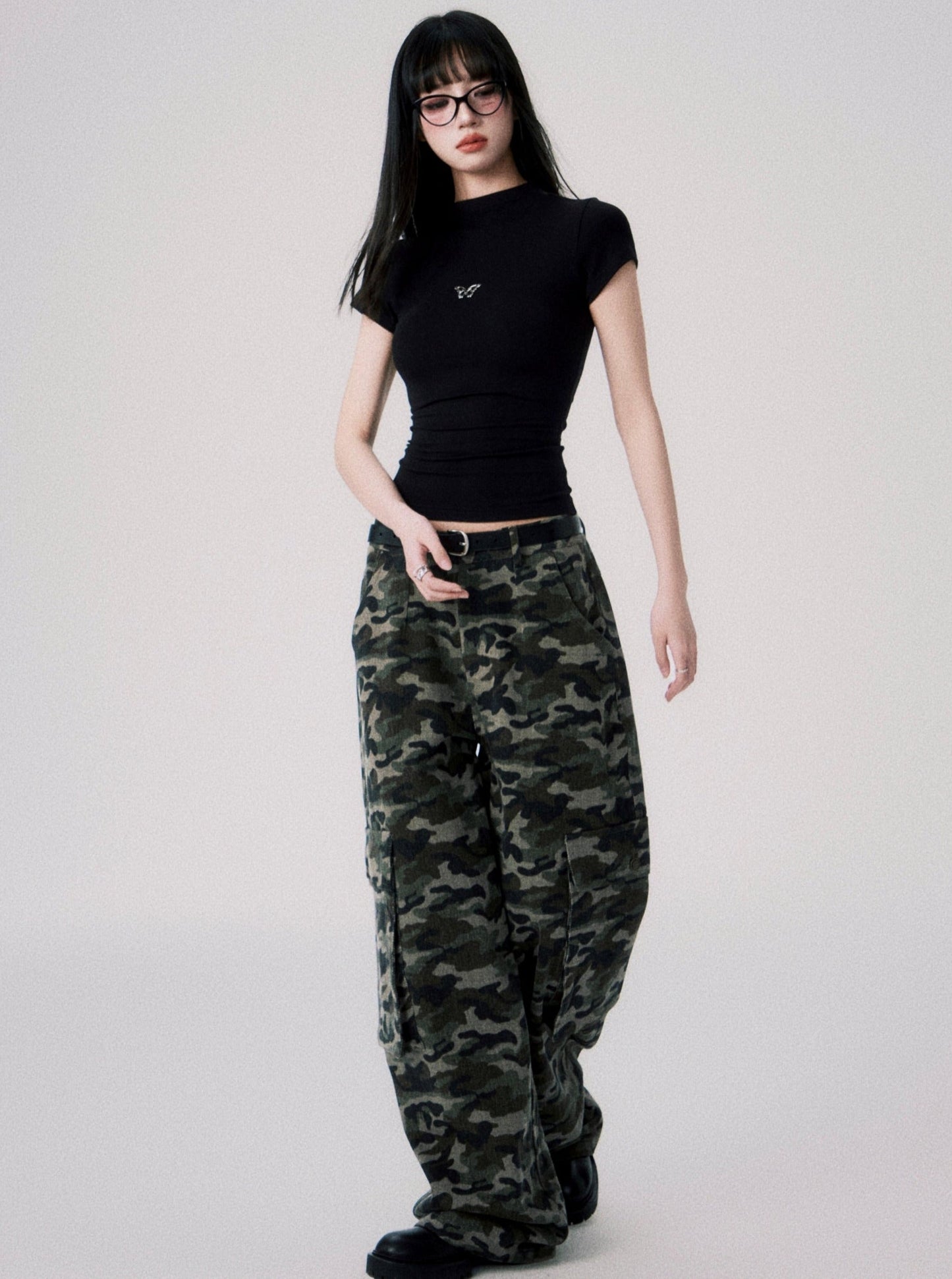 Camouflage Low Rise Cargo Pants