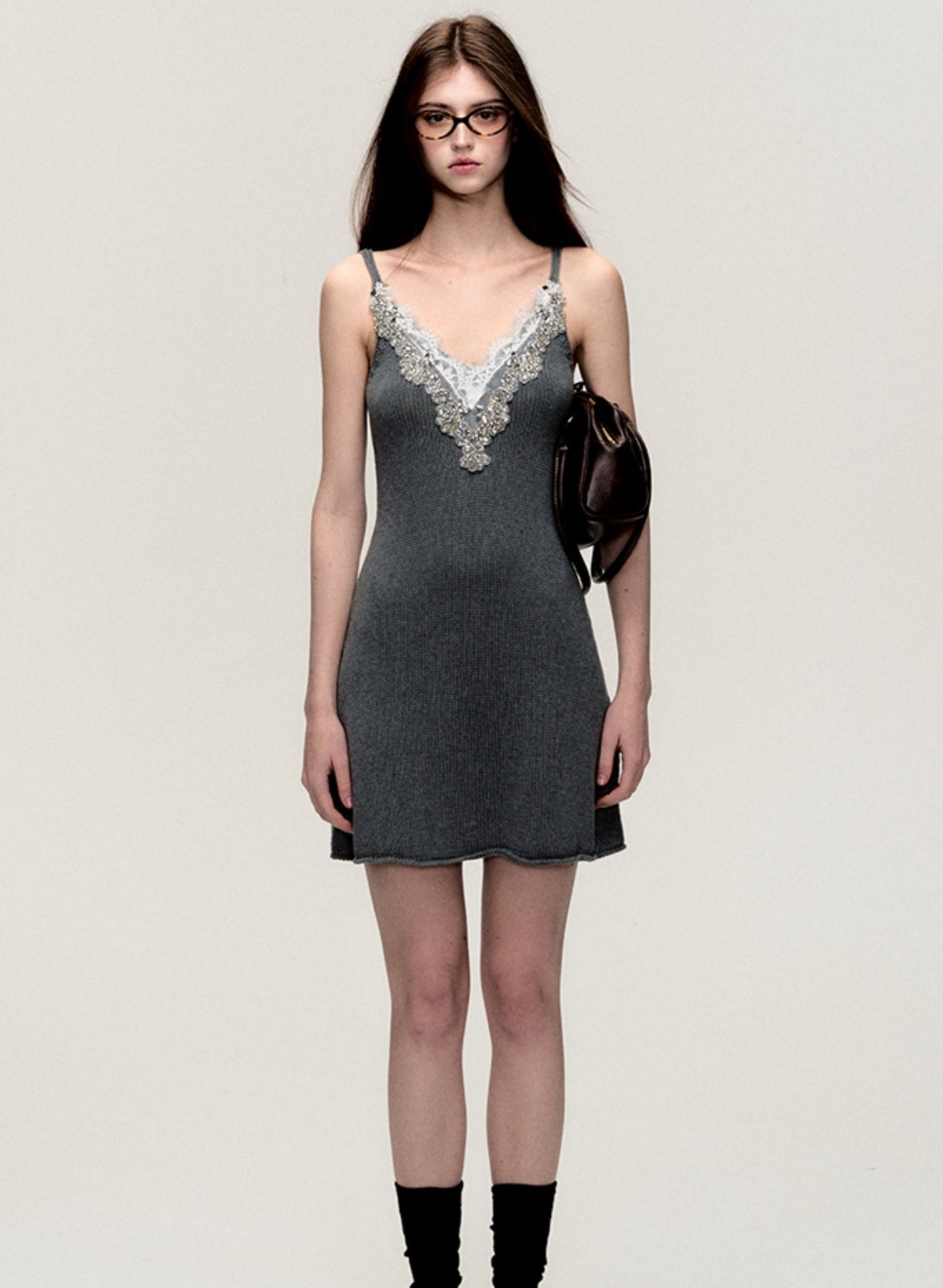 Grey V-Neck Knitted Slip Dress