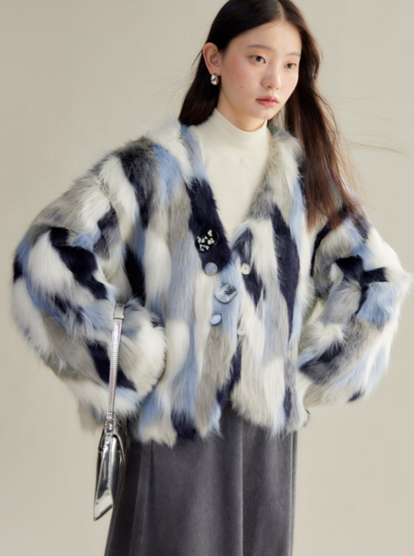 blond loose cropped fur coat