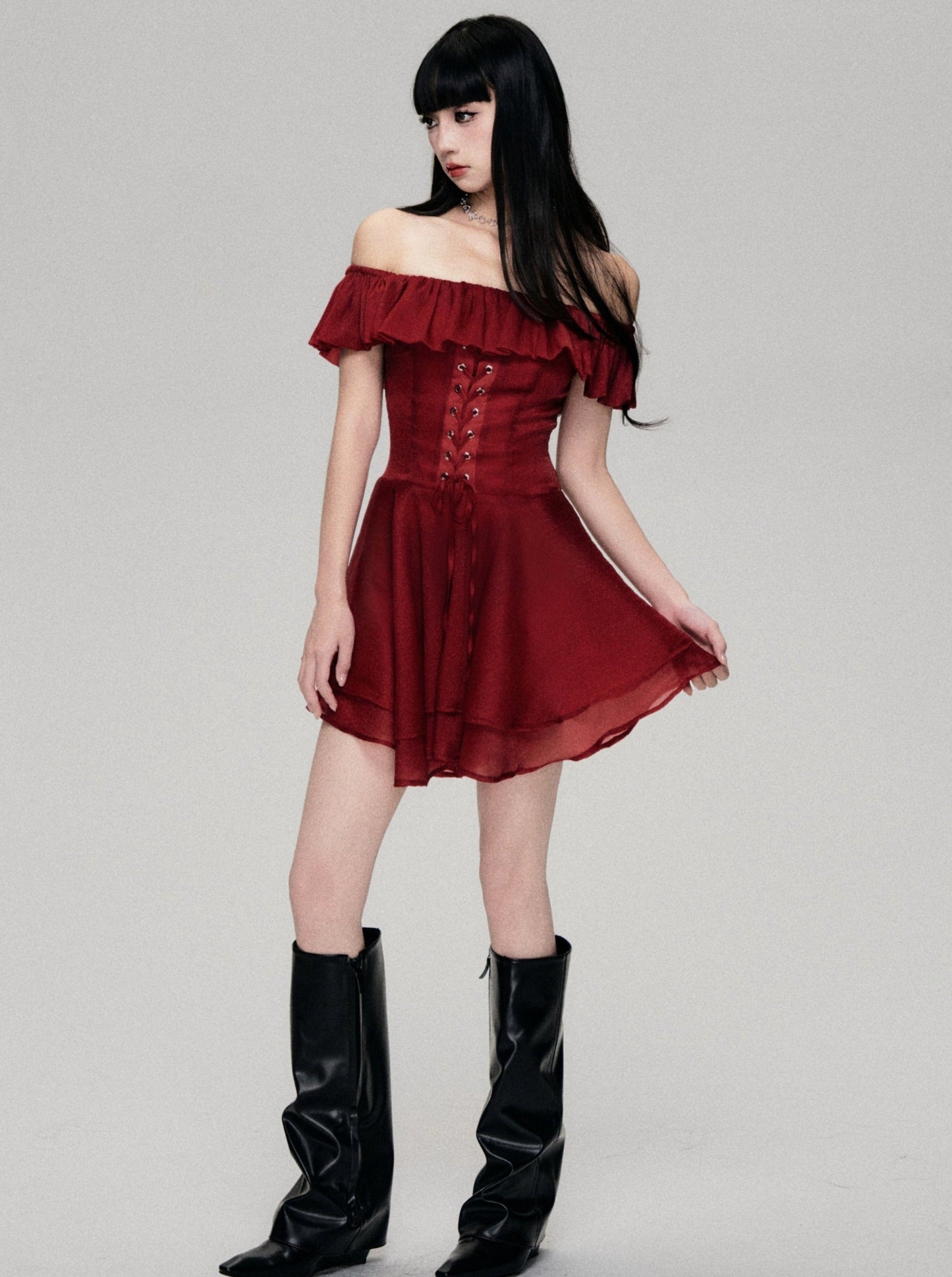 Red Rose Lace-up One-Shoulder Dress