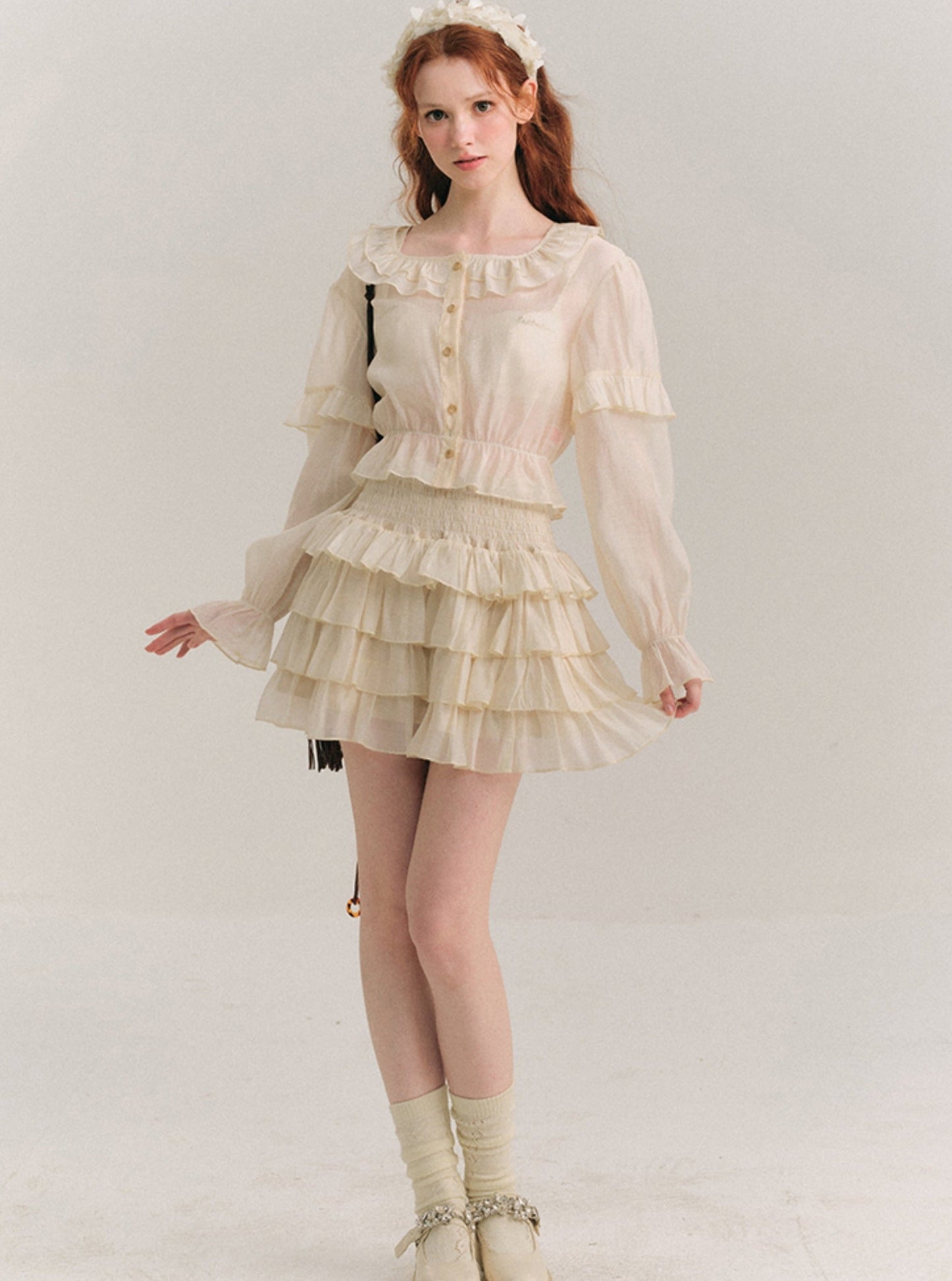 Tencel Ruffle Collar Shirt & Cake Skirt Set-Up