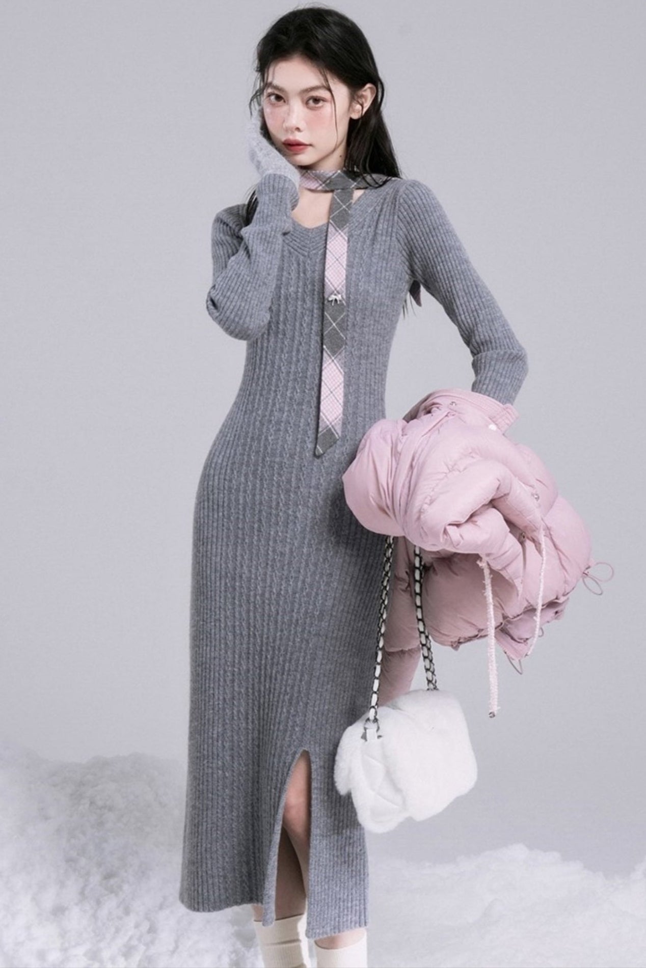 Curve-Shaping Grey Wool Knit Dress