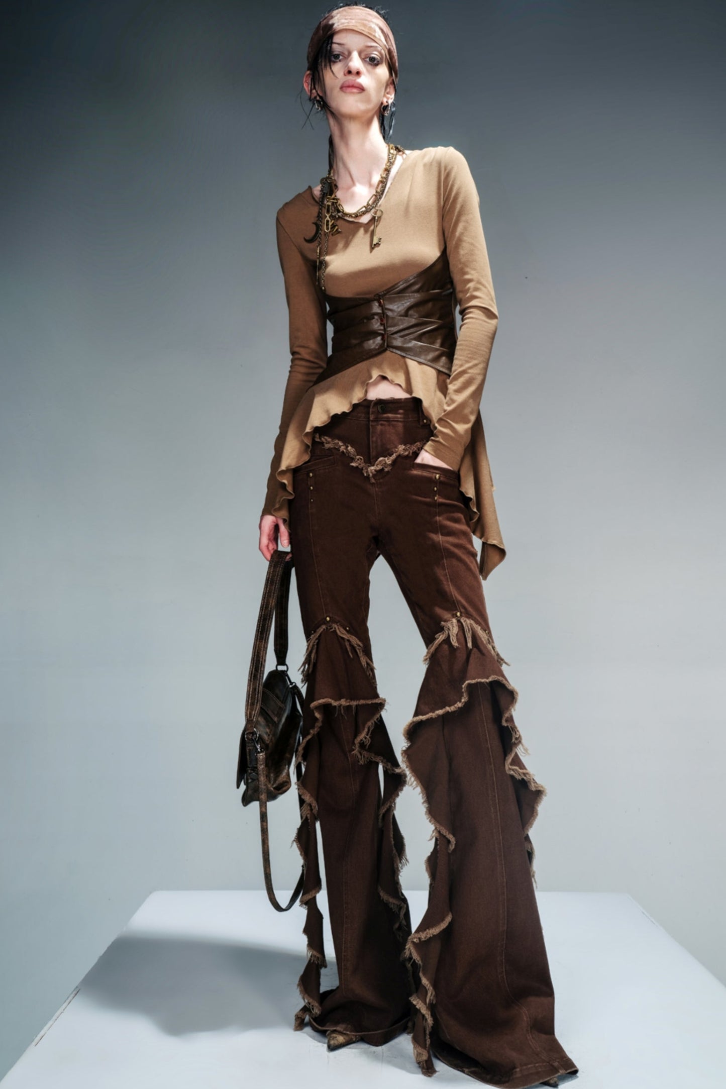 Leather Long-Sleeved Top with Scarf Set