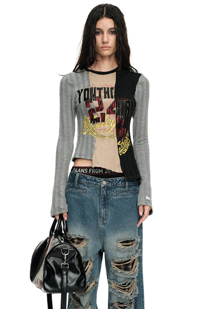 Patchwork Knit Long-Sleeve Top