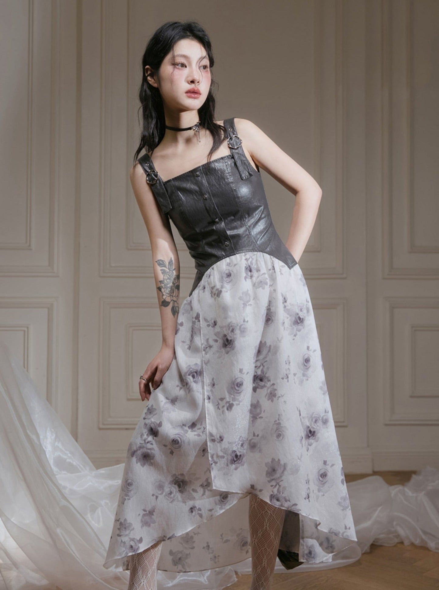 Grey Leather Rose Print Dress