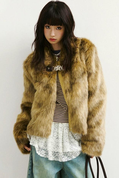 Diamond-Pattern Khaki Fur Jacket