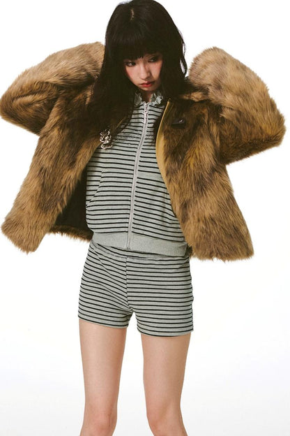 Diamond-Pattern Khaki Fur Jacket