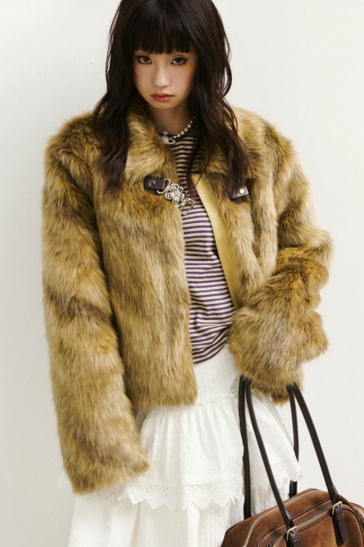 Diamond-Pattern Khaki Fur Jacket