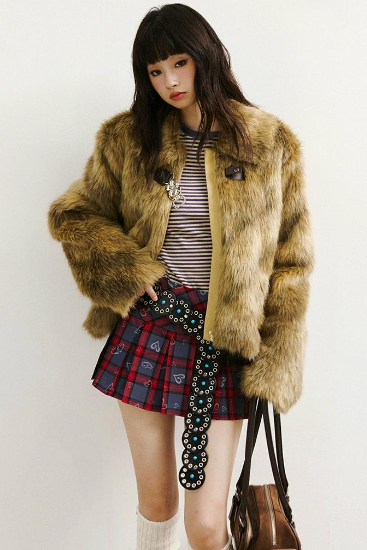 Diamond-Pattern Khaki Fur Jacket