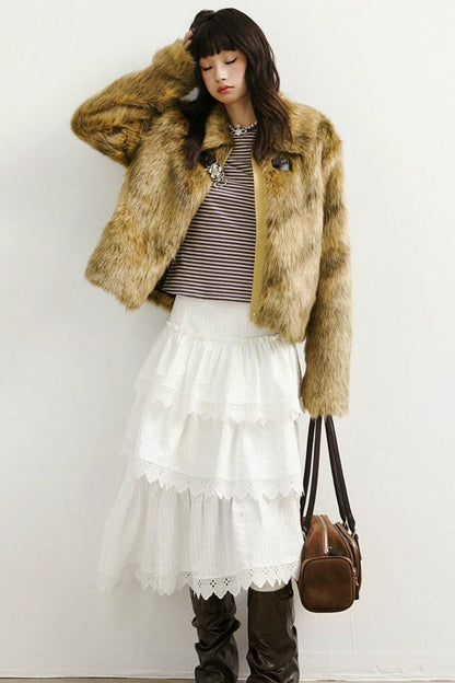 Diamond-Pattern Khaki Fur Jacket