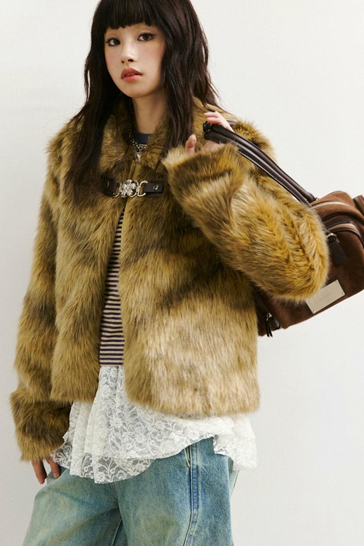 Diamond-Pattern Khaki Fur Jacket