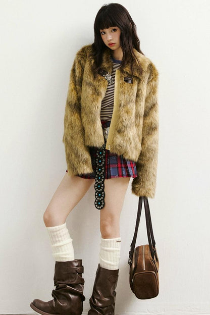 Diamond-Pattern Khaki Fur Jacket