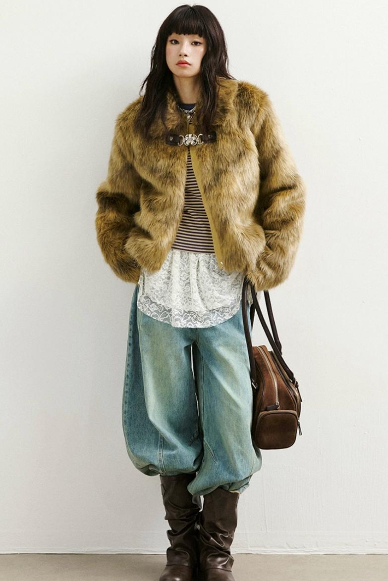 Diamond-Pattern Khaki Fur Jacket